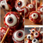 Halloween mozzarella and salami eyeballs served on skewers for a festive appetizer